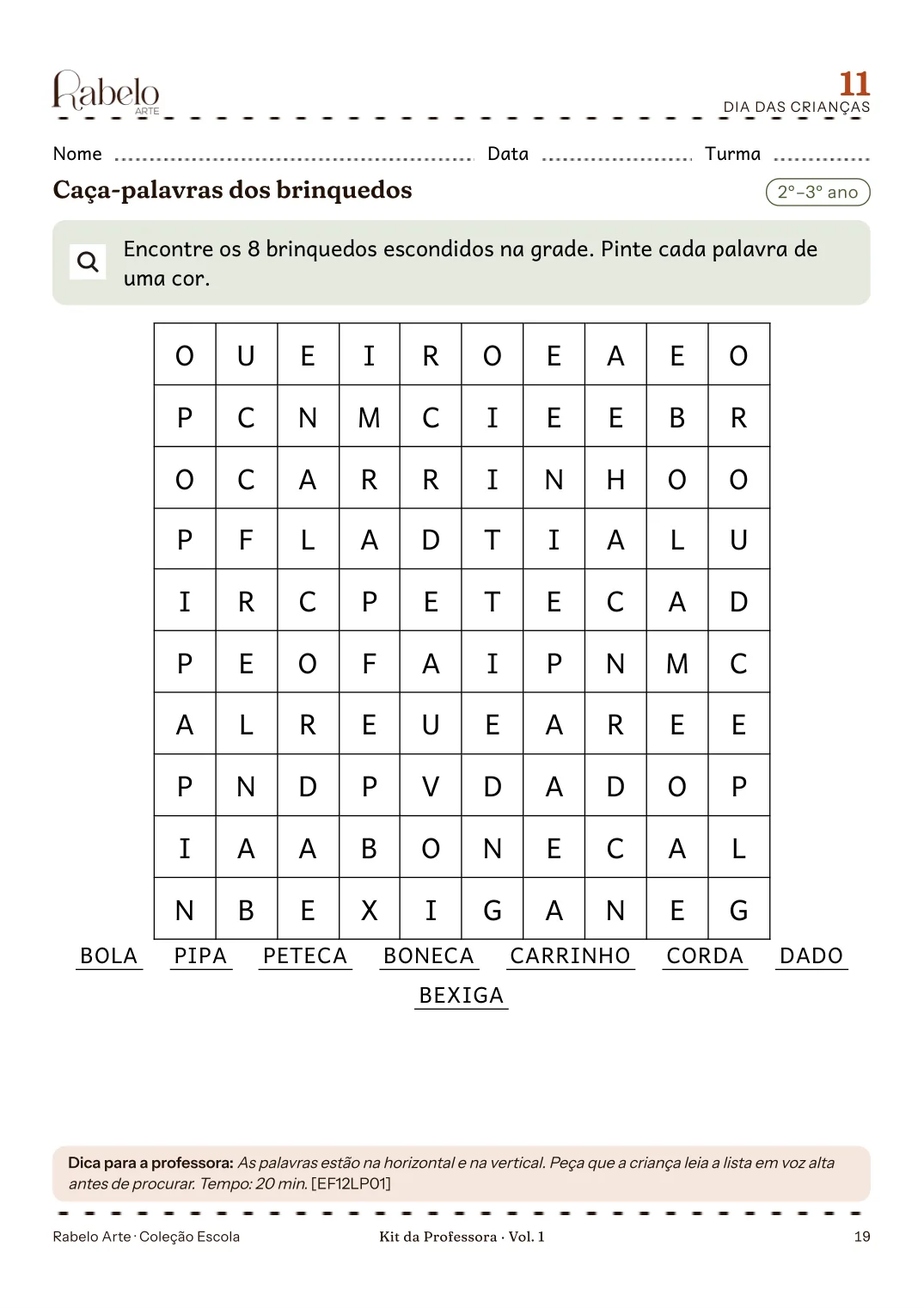 Página do kit: caça-palavras dos brinquedos, com faixa de nome, data e turma