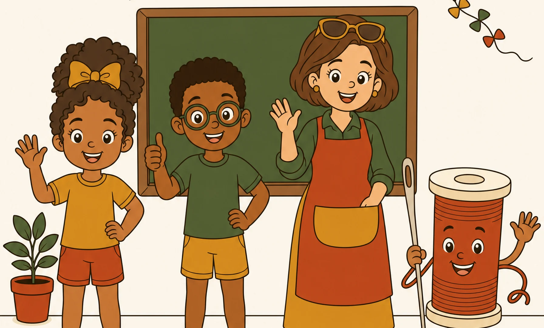 Os quatro personagens do kit: Bia, Téo, a professora Lu e o Carretel, mascote com agulha